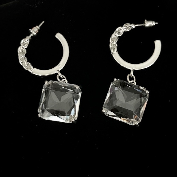 Silver Open Hoops w/Clear Drop - Picture 2 of 3